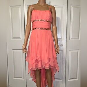 Watters Peach High Low Dress with Embellished Waist